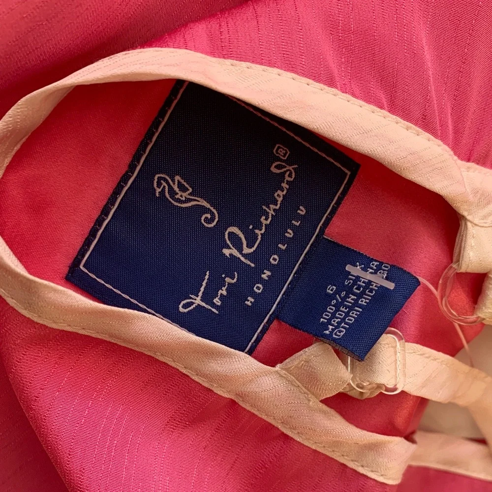 Tori Richard Pink 100 silk spaghetti strap dress with Cream Accents - Picture 3 of 17